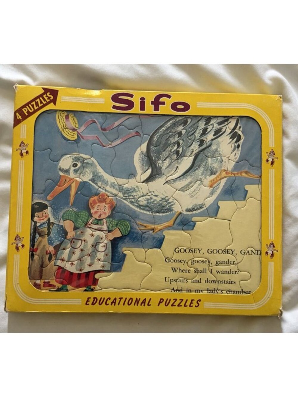 Vntg 1956 SIFO Fiberboard Inlay Puzzles FOUR in Original Box Nursery Rhyme 9Z1